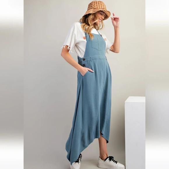 New Easel Poly Linen Jumpsuit Skirtall Dress Blue S - Picture 2 of 5